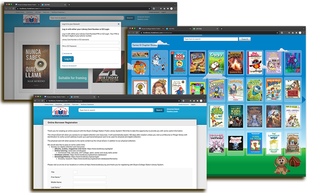 Promo image of the library catalog in multiple web browser windows and sizes.