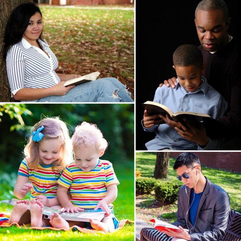 Summer Reading Program photo collage of young children, teenagers, college students and parents all reading. 