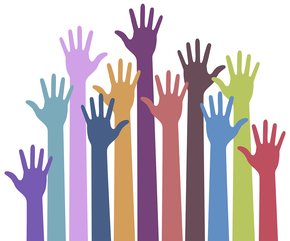 Promo image of hands raised to volunteer.