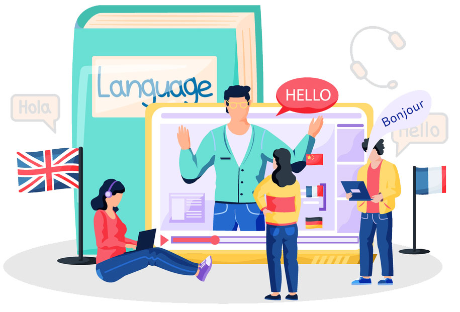 Illustration showing different languages being taught through online classes.