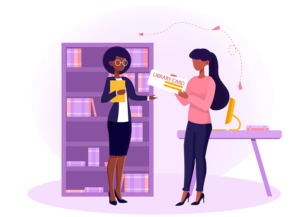Illustration of a librarian presenting a Library Card to a patron.