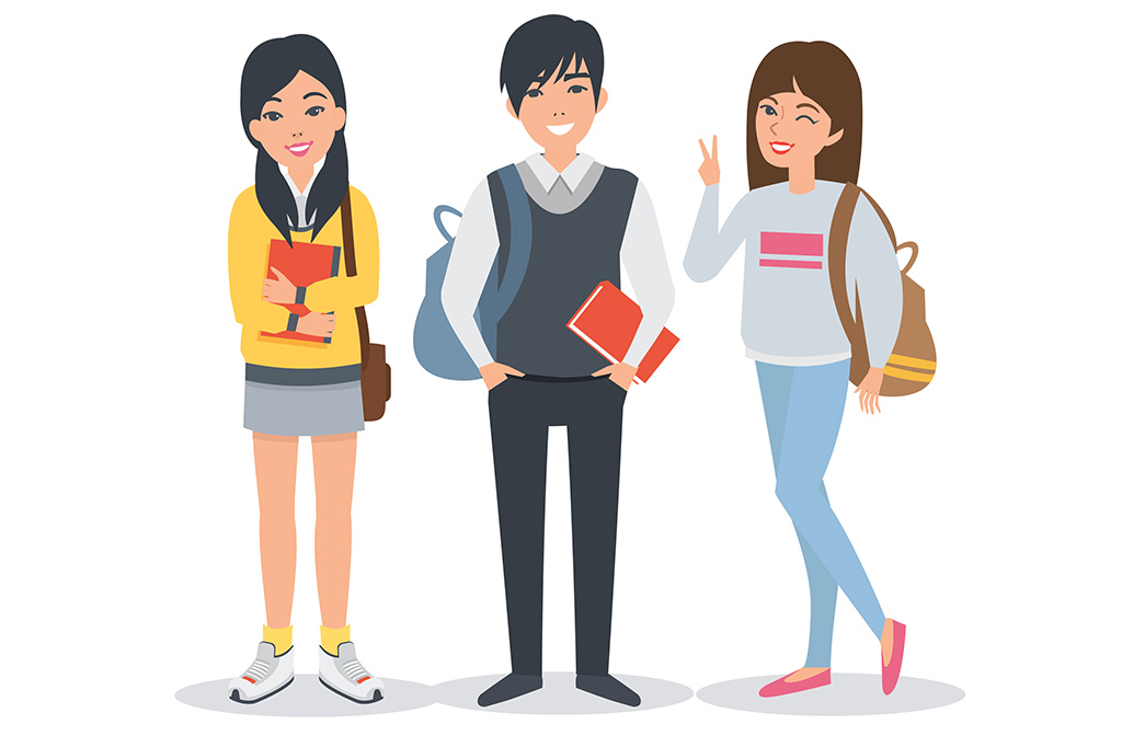 illustration of asian students with books, to tell about the World Language Collection at the library.