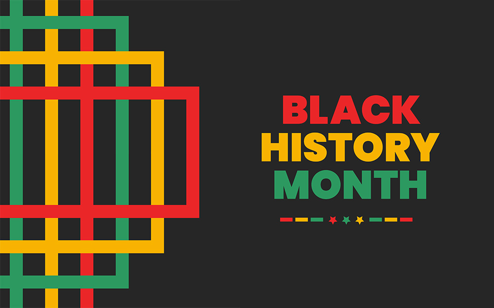 Black History Month logo in colors of red, yellow and green on a a black background.
