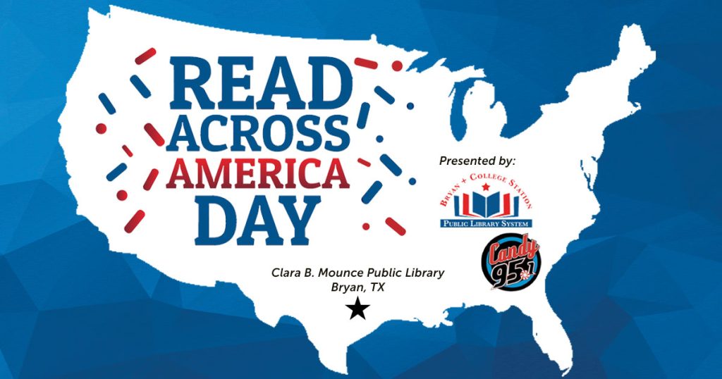 Image of a silhouette of the United States with promotional material for the Read Across America Day Event presented by the BCS Library System and Candy 95 Radio - March 2 at 4 p.m. at Clara B. Mounce Public Library in Bryan, Texas.