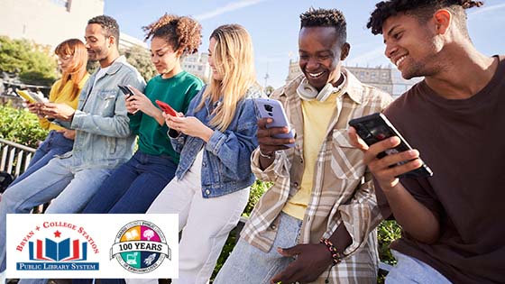 A diverse group of young people look at their mobile devices. The BCS Library System has entered into a Reciprocal Lending Agreement with the Harris County Public Library System for the sharing of electronic books and audiobooks.