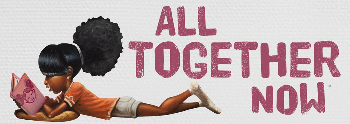 Summer Reading program - all together now - illustration of a young child reading a book.