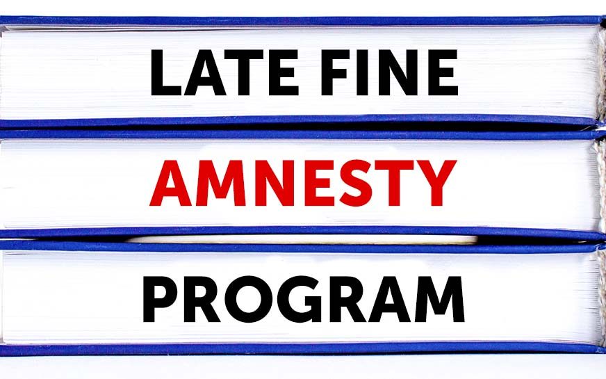 Illustration of books that says Late Fine Amnesty Program.