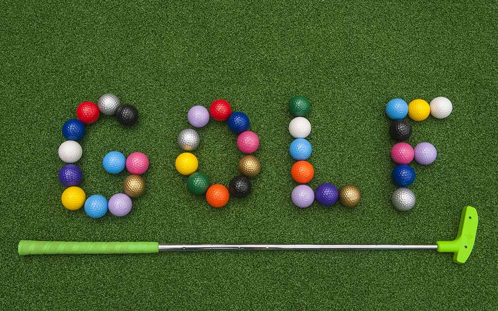 Miniature Golf promo image. The word GOLF spelled in colorful golf balls and a putter below them.