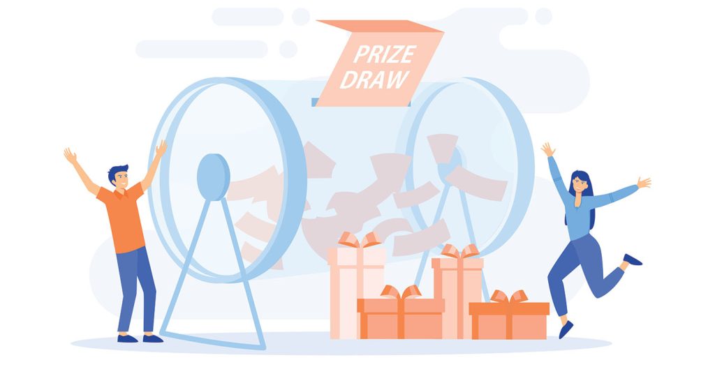 Illustration of a prize drawing barrel and gifts for the winner.