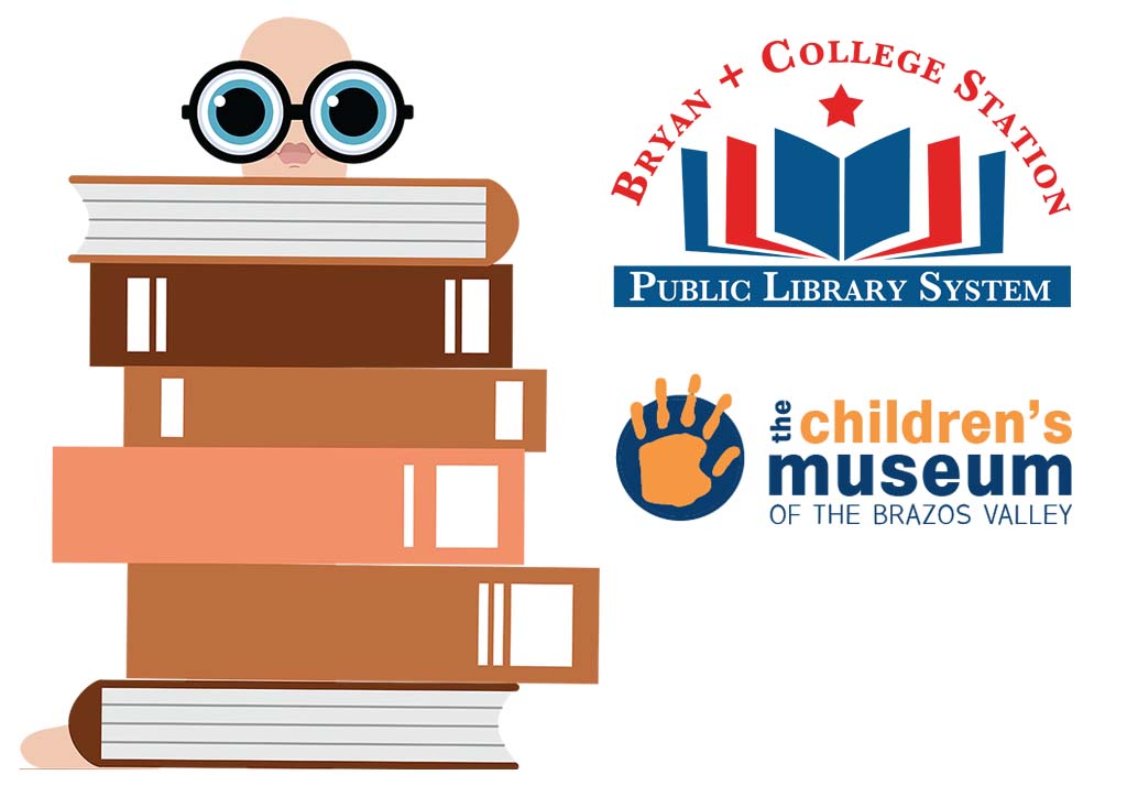 illustration of a happy cartoon worm sticking its head up behind a pile of books. Denotes the new partnership between the library and the children's museum of the brazos valley.