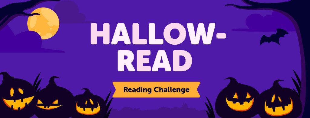 Hallow-Read reading challenge image - illustration of jack-o-lanterns and spooky scenery.