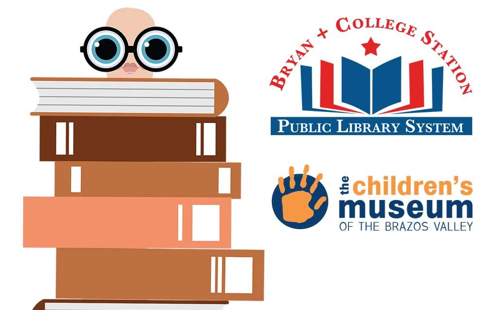 illustration of a happy cartoon worm sticking its head up behind a pile of books. Denotes the new partnership between the library and the children's museum of the brazos valley.