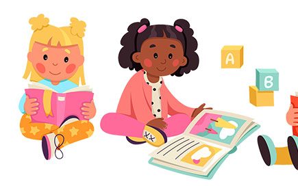 Reading challenges illustration of young children reading books.
