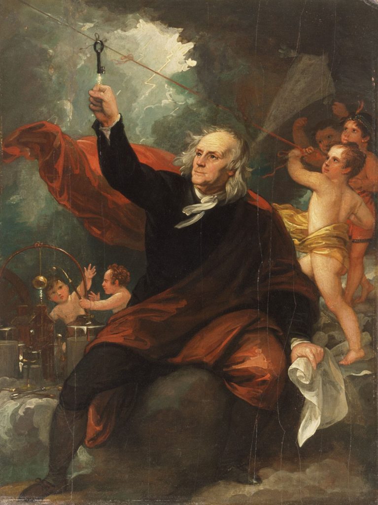 Benjamin Franklin portrait - Benjamin Franklin Drawing Electricity from the Sky, Benjamin West (c. 1816)
