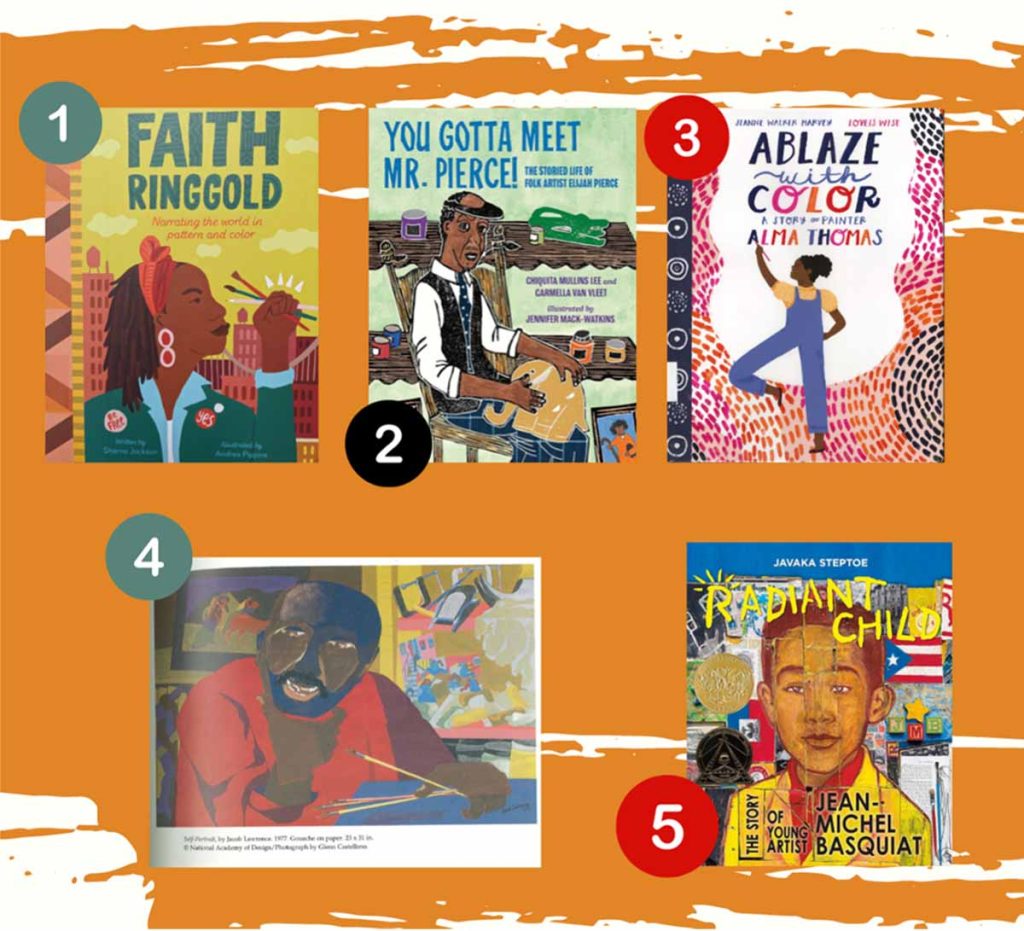 Promotional image of 5 children's books about black artists and art as a platforms for social justice. To celebrate Black History Month, the youth librarians at Mounce library are holding a weekly craft project called "Learn, Empower, and Create!" for kids at the library based on these 5 black artists and their stories.