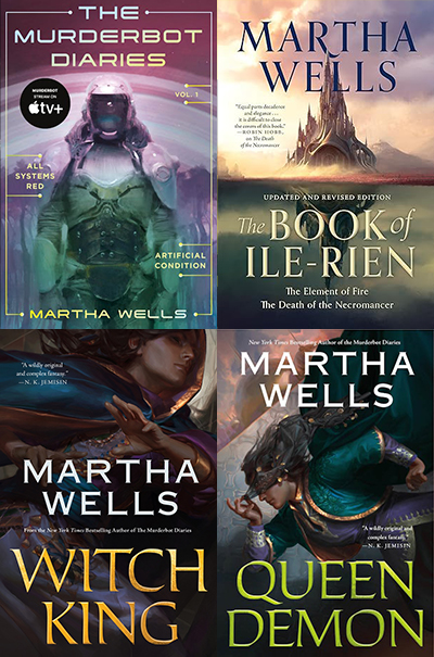 Book covers: The Murderbot Diaries, Book of Ile-Rien, Witch King, and Queen Demon
