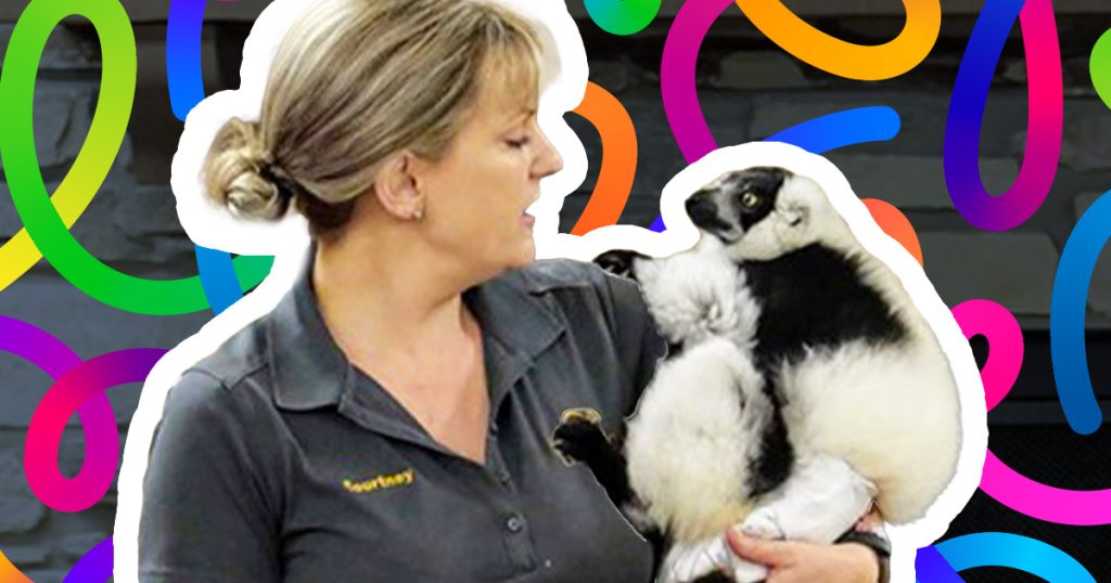 Presenter holding an exotic monkey in her arms
