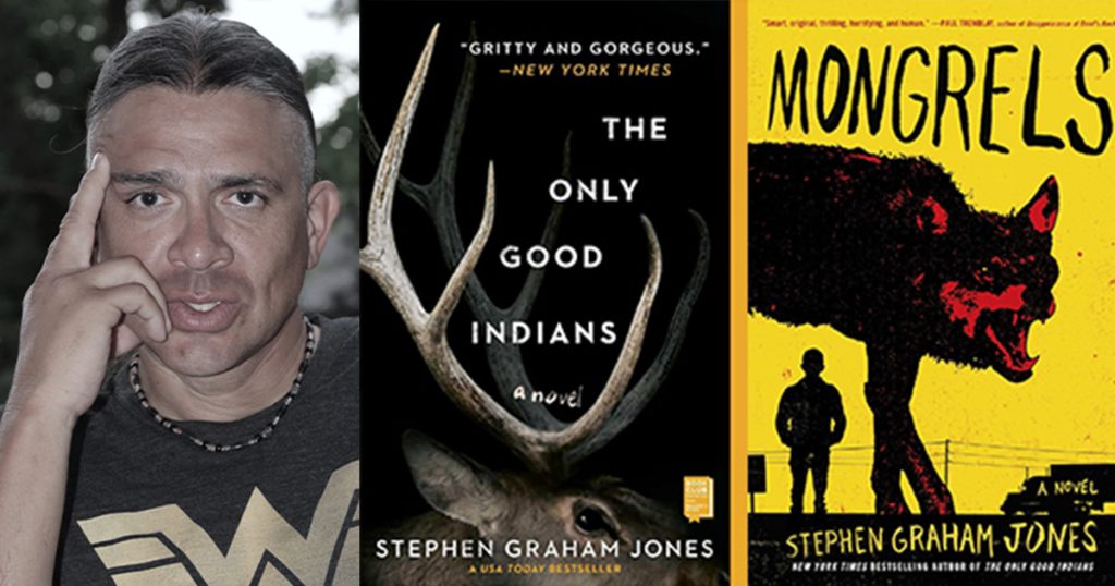Author Stephen Graham Jones alongside two of his publications