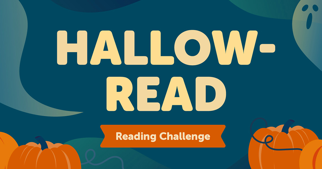 Hallow-Read Reading Challenge graphic with pumpkins in the background