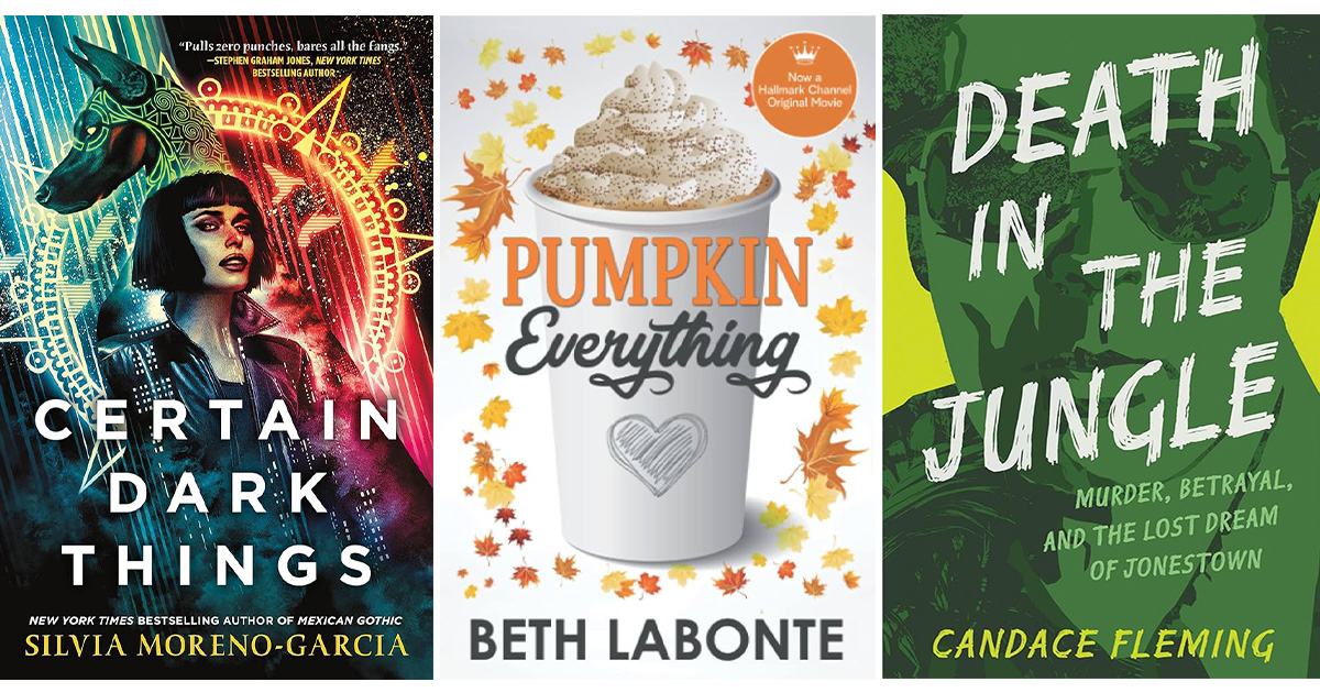 Book covers for Certain Dark Things, Pumpkin Everything and Death in the Jungle.