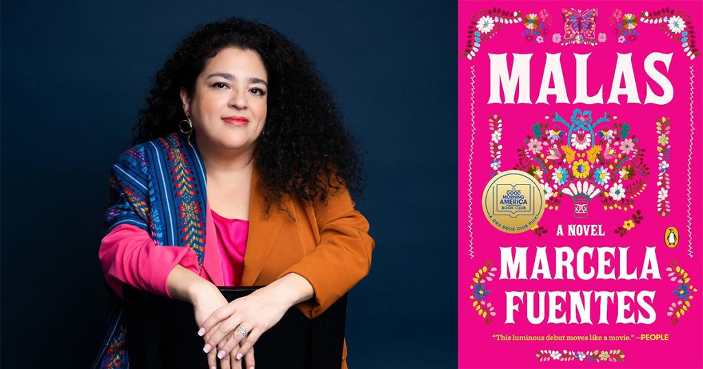 Marcela Fuentes and the cover of her book, Malas.