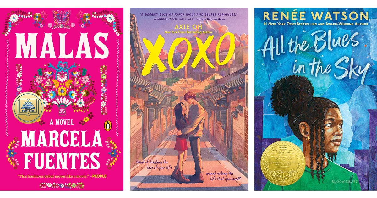 Book covers: Malas: a novel, XOXO, All the Blues in the Sky