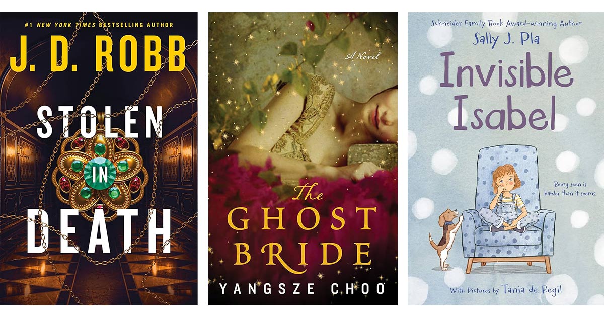 Book covers: Stolen in Death, The Ghost Bride, and Invisible Isabel