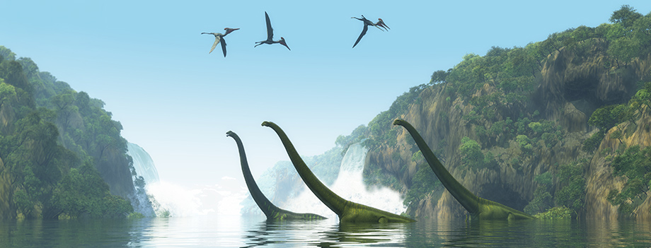 dinosaurs flying in the sky and walking across the river in an artist rendering