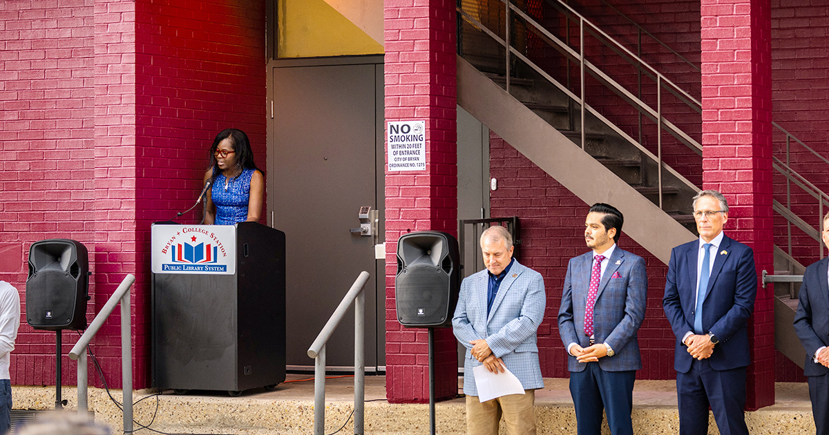 library director, sponsor, and Chamber of Commerce standing to announce the unveiling
