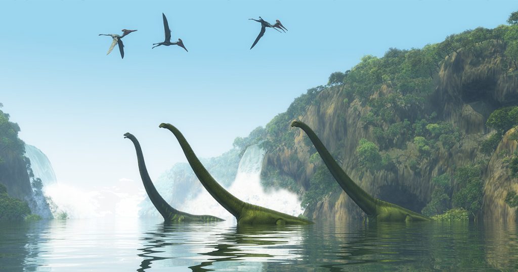 dinosaurs flying in the sky and walking across the river in an artist rendering