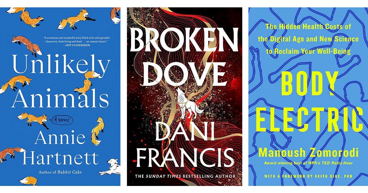 Book covers: Unlikely Animals, Broken Dove, and Body Electric