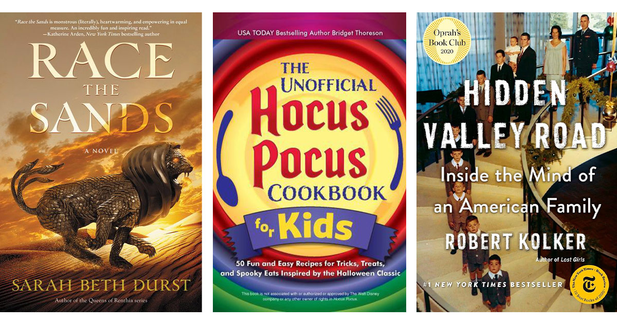 Book covers: Race the sands, The Unofficial Hocus Pocus Cookbook for Kids, Hidden Valley Road: Inside the Mind of an American Family